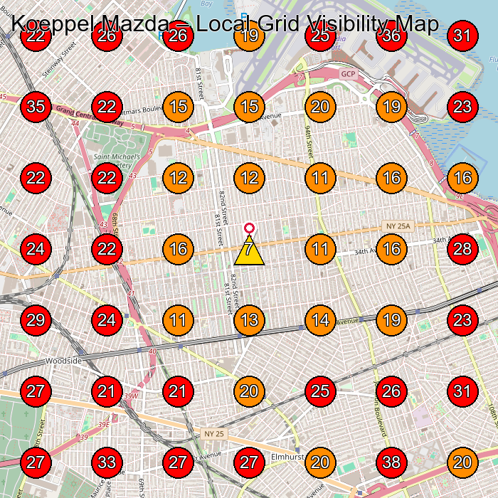 Koeppel Mazda GeoGrid visibility map for Nissan Dealer in Jackson Heights